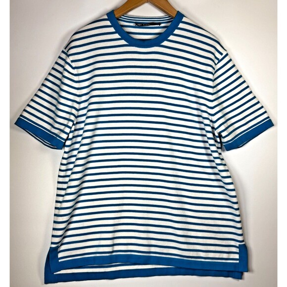 Mr Turk Knit Tee Mens M/L Blue White Striped Crewneck Short Sleeve Resort - Picture 1 of 13